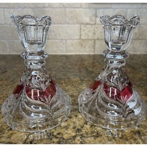 Anna Hutte Candlestick Holders 5 Inch Crystal Glass Double Sided With Red Accent